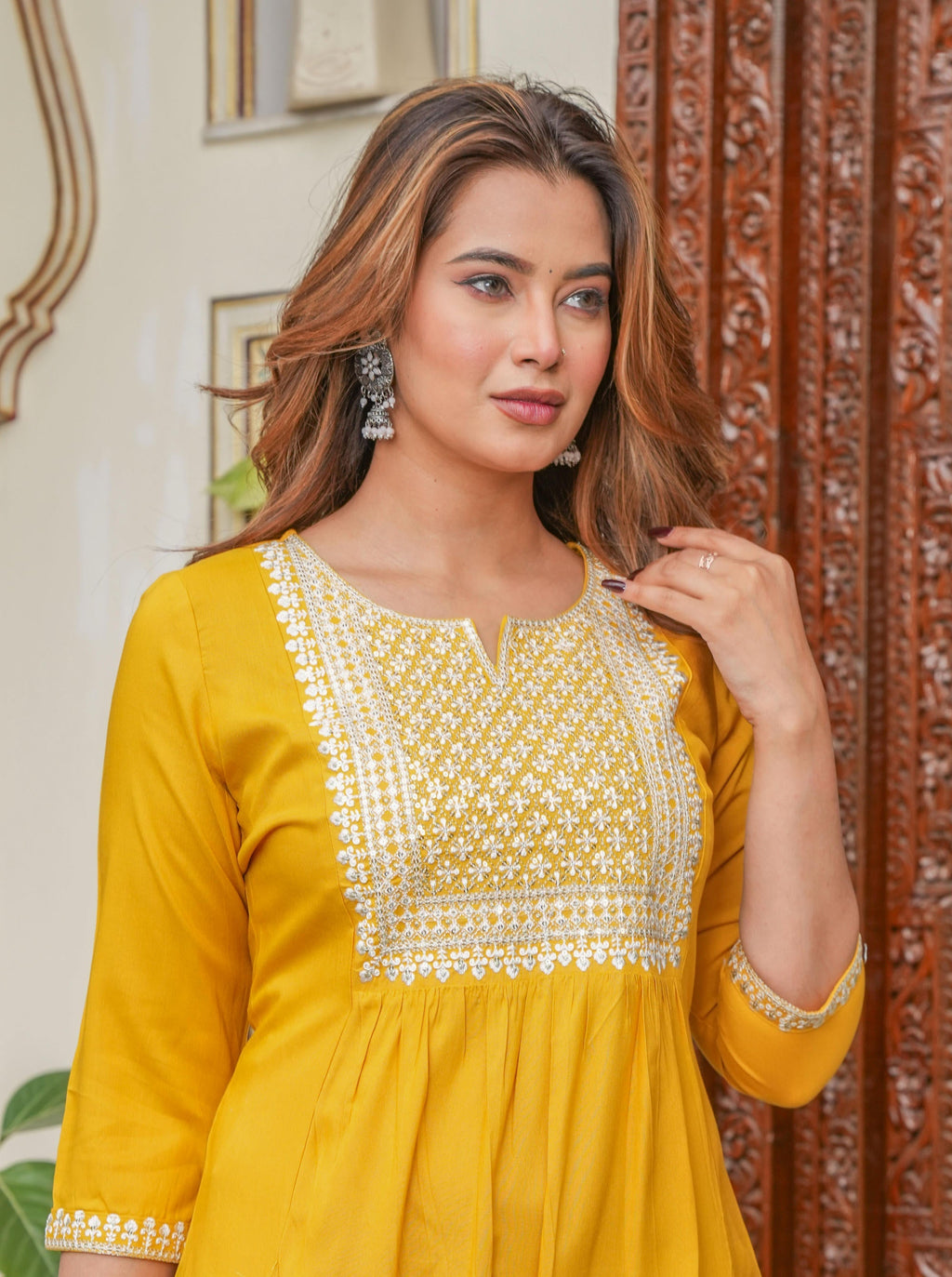 Juniper Mustard Viscose Embroidered Kurta With Thread Work And Sequins | Grocsy