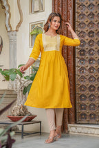 Juniper Mustard Viscose Embroidered Kurta With Thread Work And Sequins | Grocsy