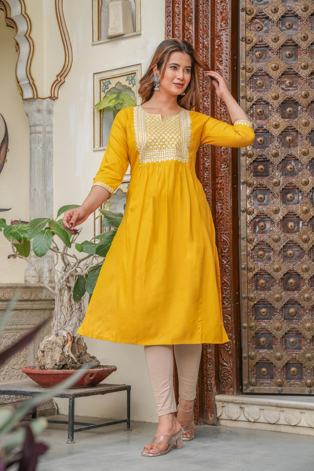Juniper Mustard Viscose Embroidered Kurta With Thread Work And Sequins | Grocsy
