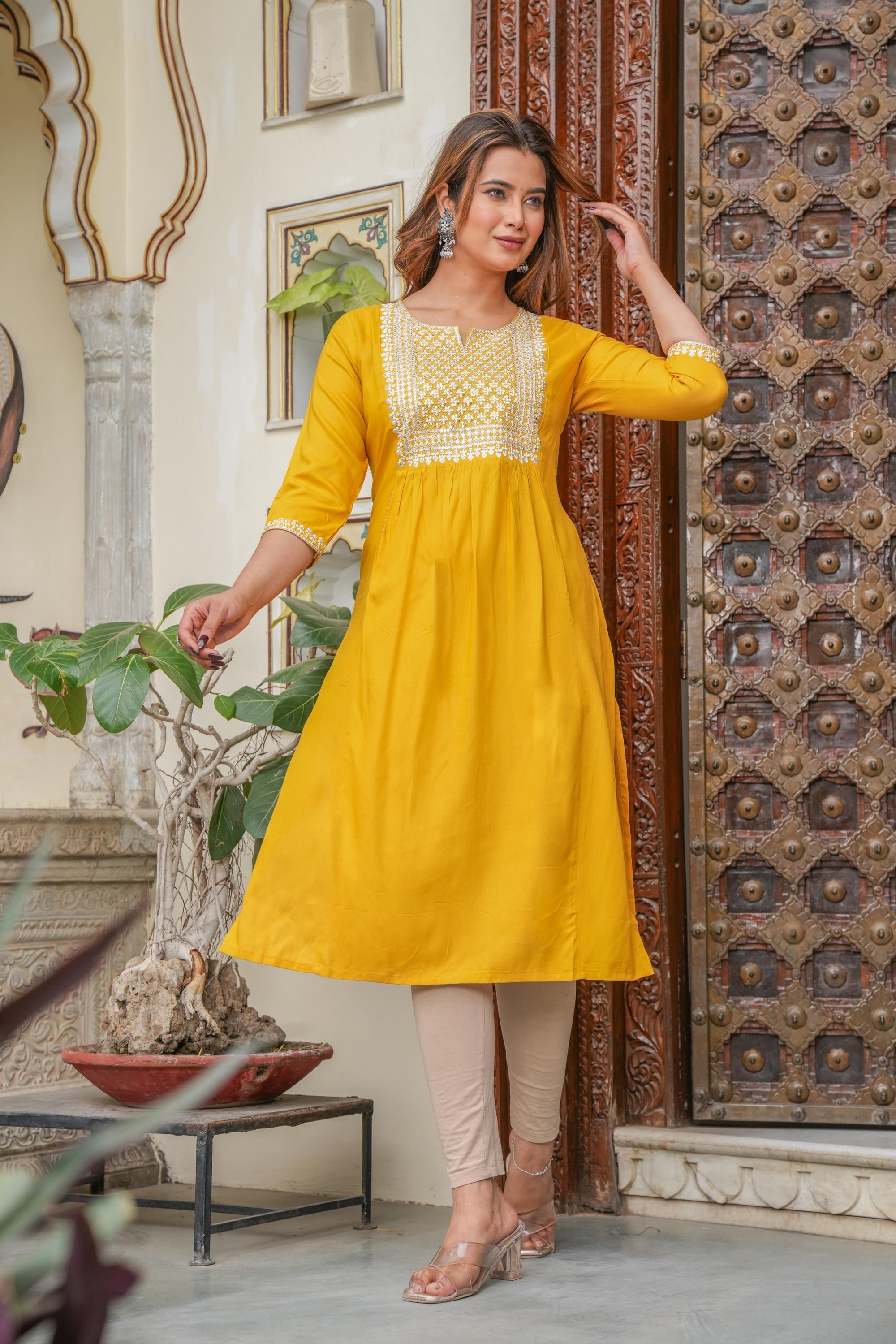 Juniper Mustard Viscose Embroidered Kurta With Thread Work And Sequins | Grocsy