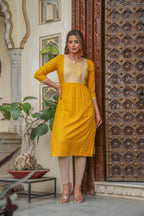 Juniper Mustard Viscose Embroidered Kurta With Thread Work And Sequins | Grocsy