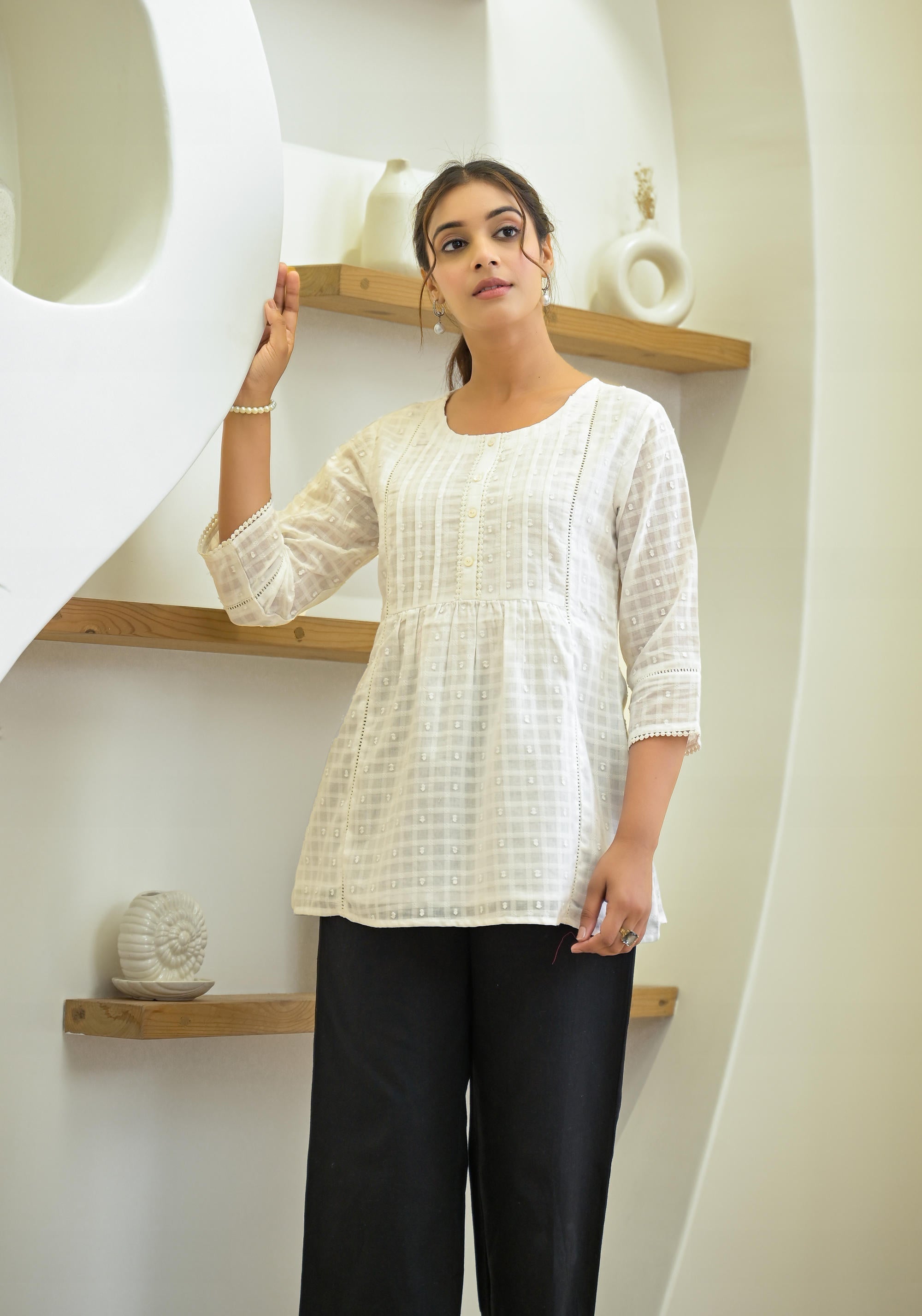 Juniper White Solid Cotton Tunic With Buttons & Lace | Grocsy