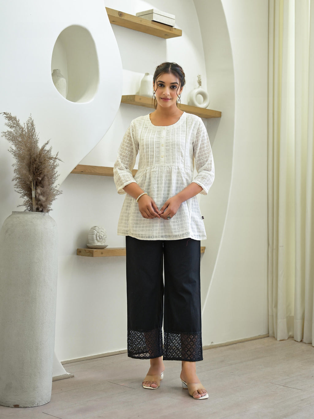 Juniper White Solid Cotton Tunic With Buttons & Lace | Grocsy