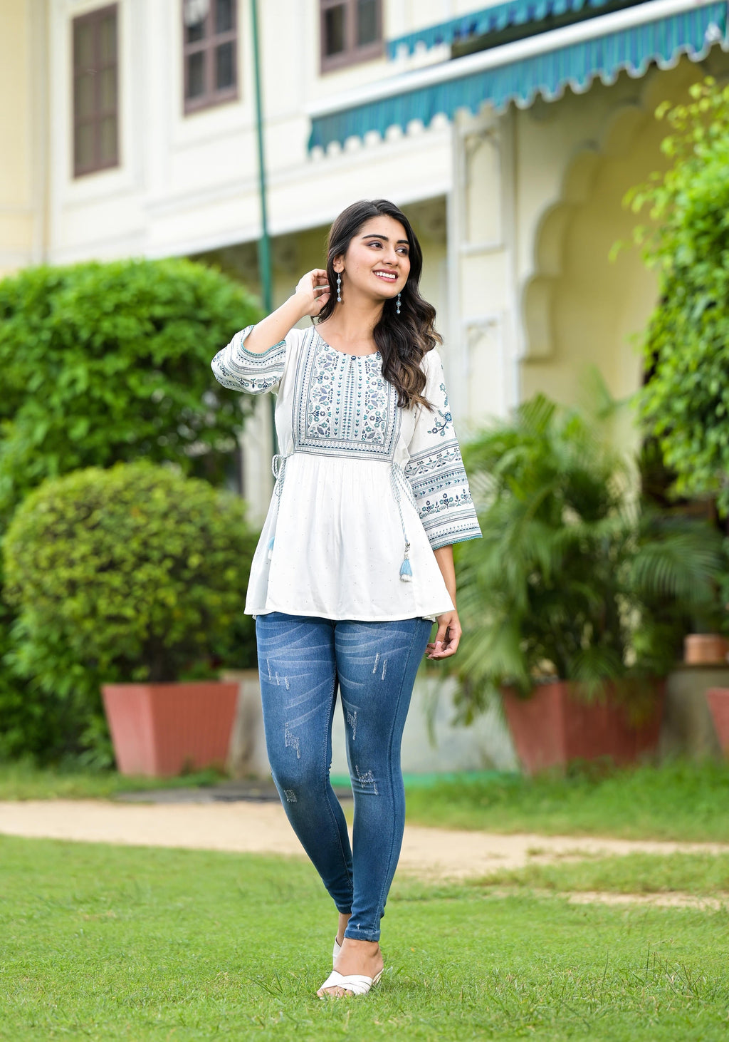 Juniper White Ethnic Motif Printed Viscose Tunic With Sequins & Thread Work | Grocsy