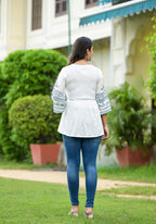 Juniper White Ethnic Motif Printed Viscose Tunic With Sequins & Thread Work | Grocsy