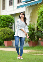 Juniper White Ethnic Motif Printed Viscose Tunic With Sequins & Thread Work | Grocsy