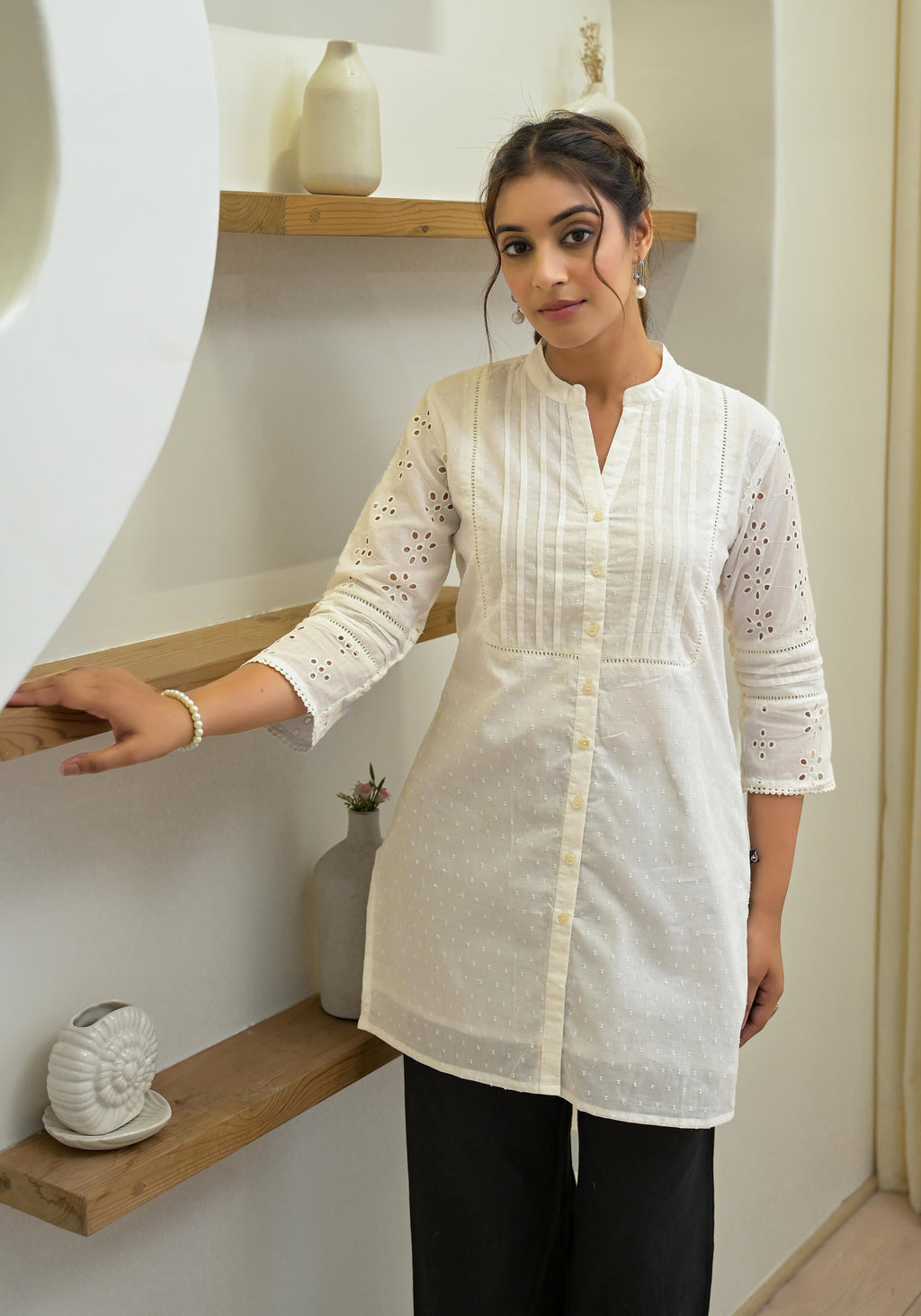 Juniper Women's White Solid Cotton Tunic With Schiffli Work | Grocsy