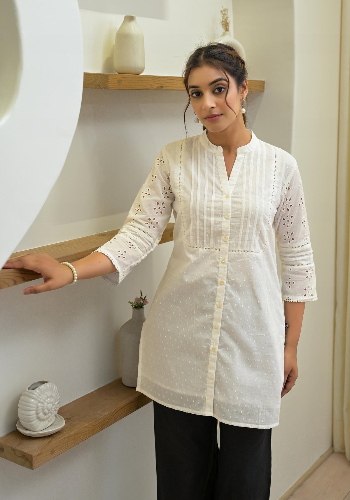 Juniper Women's White Solid Cotton Tunic With Schiffli Work | Grocsy
