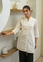 Juniper White Solid Cotton Tunic With Schiffli Work | Grocsy
