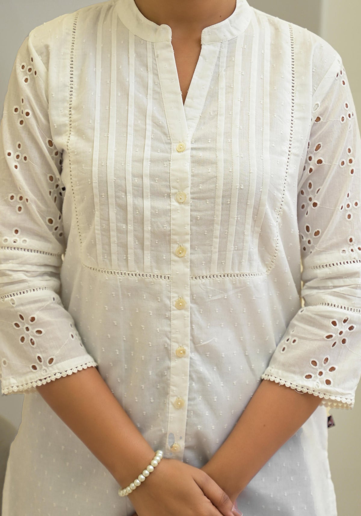 Juniper Women's White Solid Cotton Tunic With Schiffli Work | Grocsy