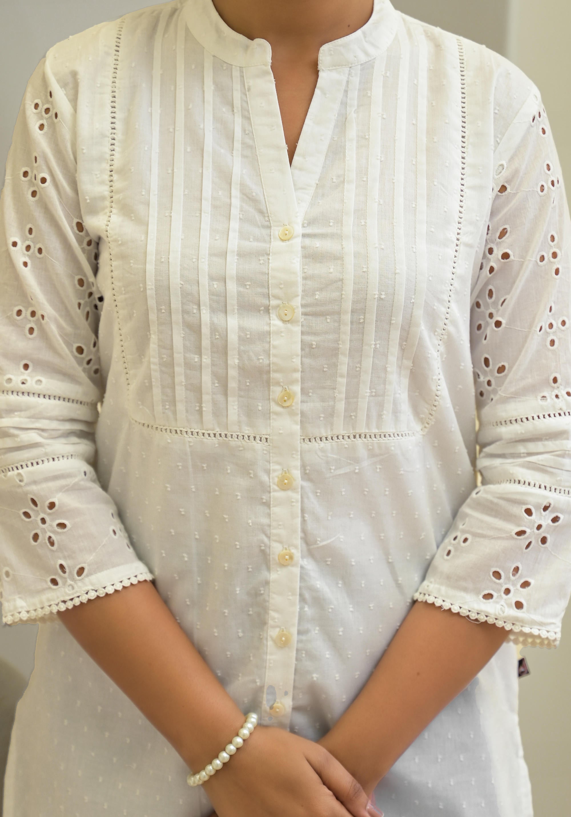 Juniper White Solid Cotton Tunic With Schiffli Work | Grocsy