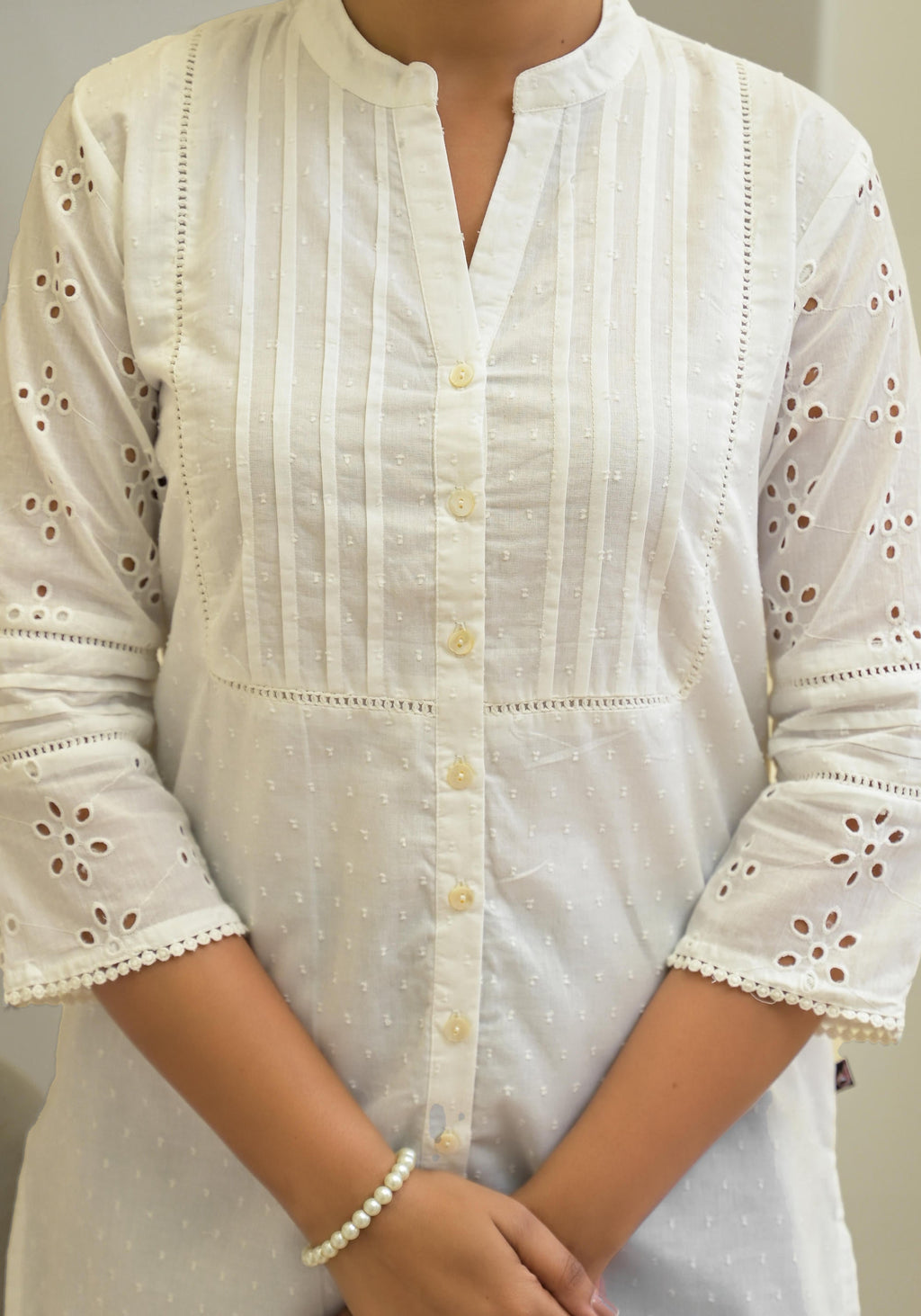 Juniper White Solid Cotton Tunic With Schiffli Work | Grocsy
