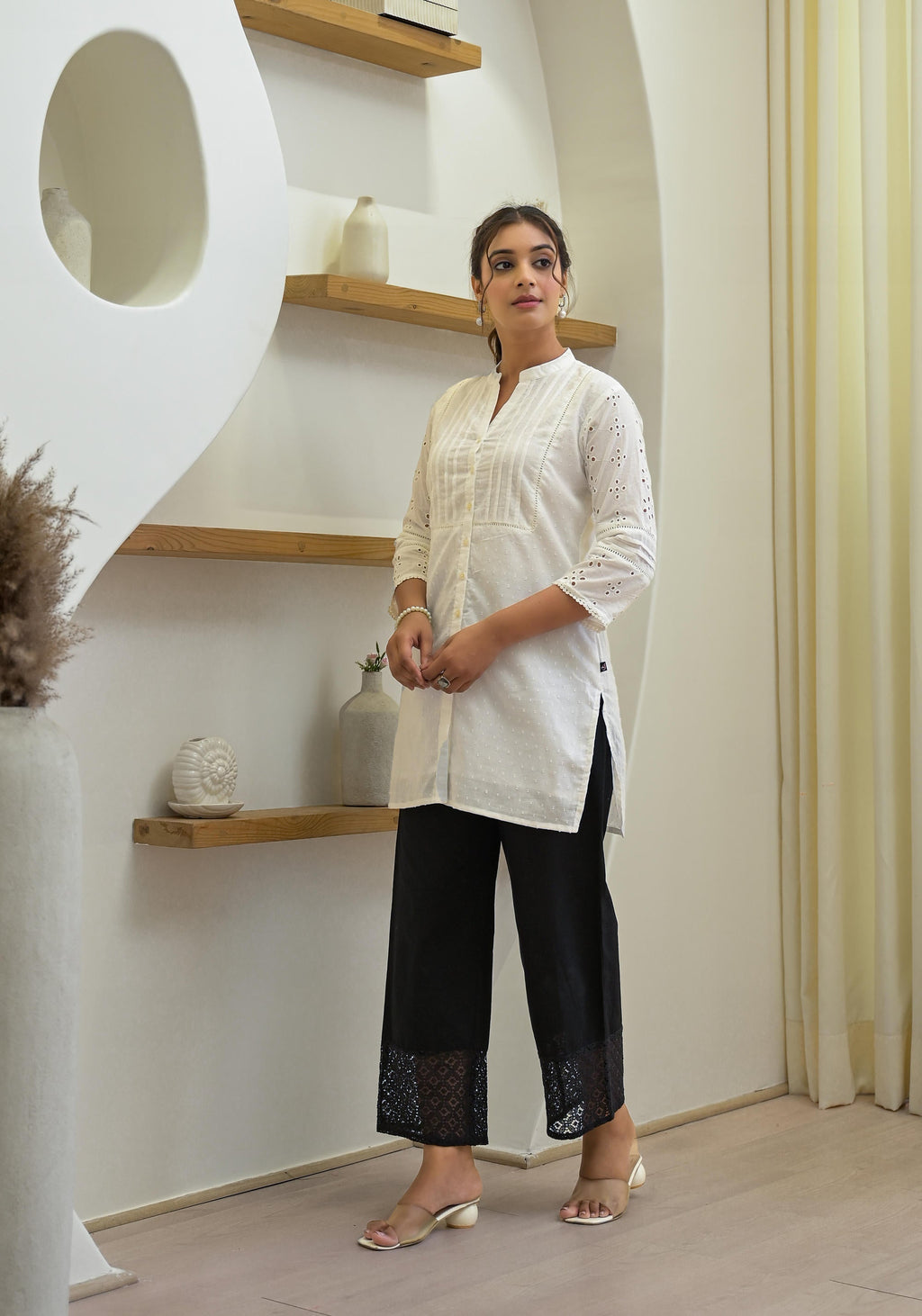 Juniper Women's White Solid Cotton Tunic With Schiffli Work | Grocsy
