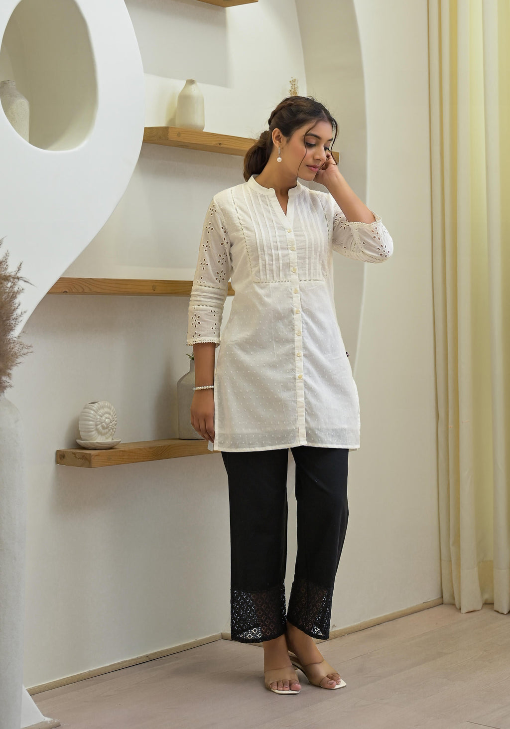 Juniper Women's White Solid Cotton Tunic With Schiffli Work | Grocsy
