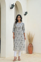 Juniper Grey Floral Printed Kurta | Grocsy