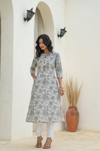 Juniper Grey Floral Printed Kurta | Grocsy