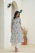 Juniper Grey Floral Printed Kurta | Grocsy
