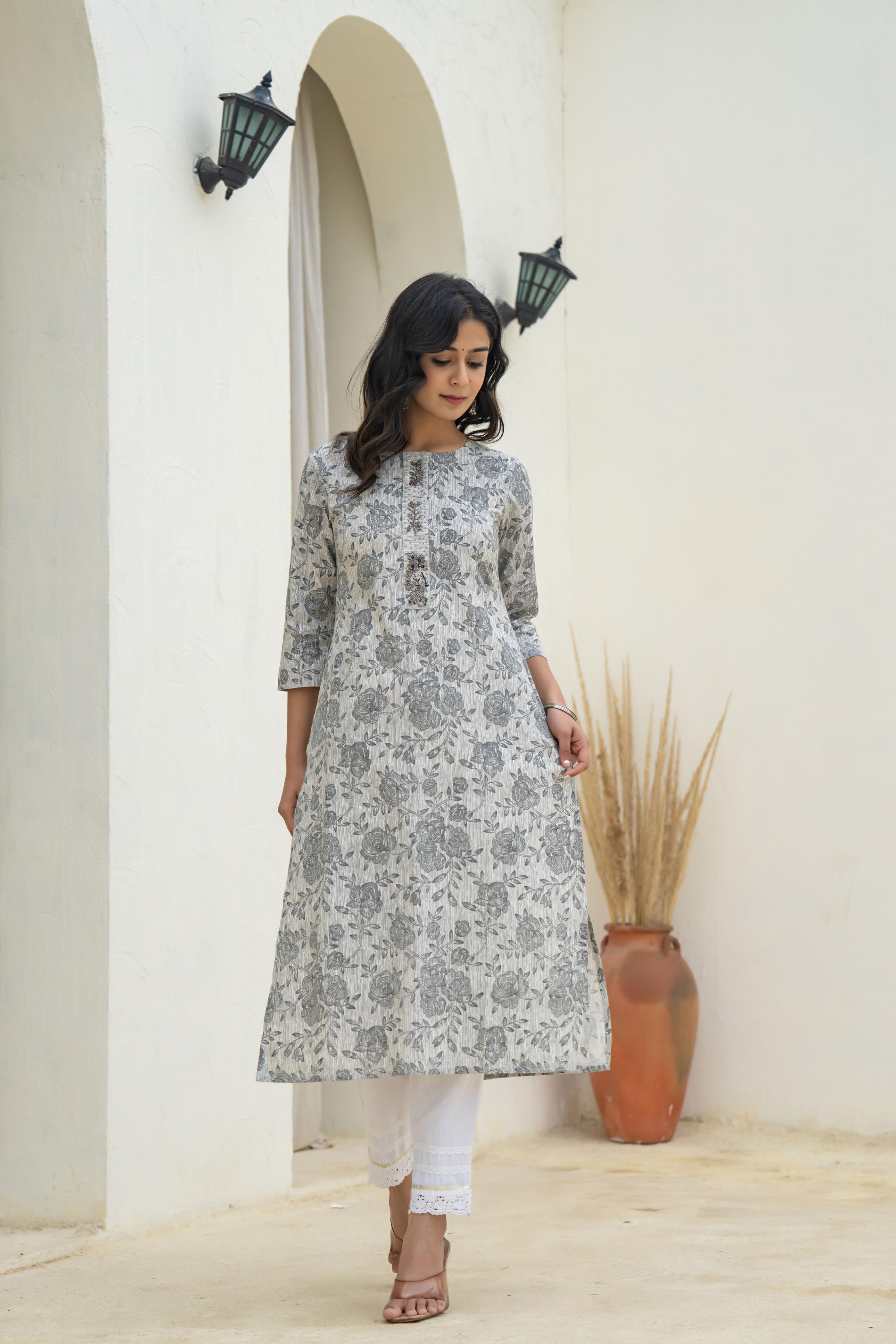 Juniper Grey Floral Printed Kurta | Grocsy