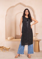 Juniper Black Geometric Embroidered Viscose Kurta with Mirror & Thread Work | Grocsy