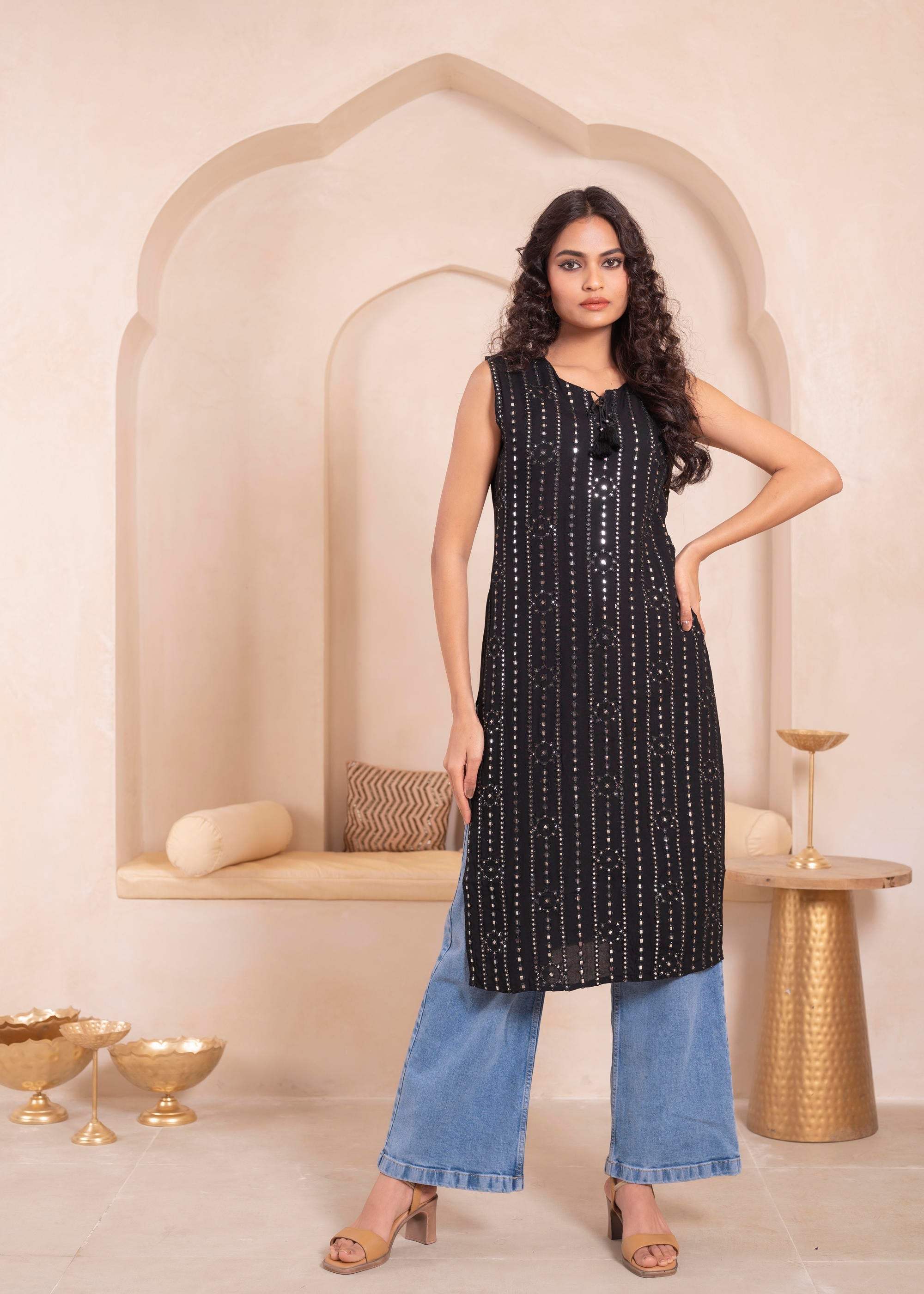 Juniper Black Geometric Embroidered Viscose Kurta with Mirror & Thread Work | Grocsy