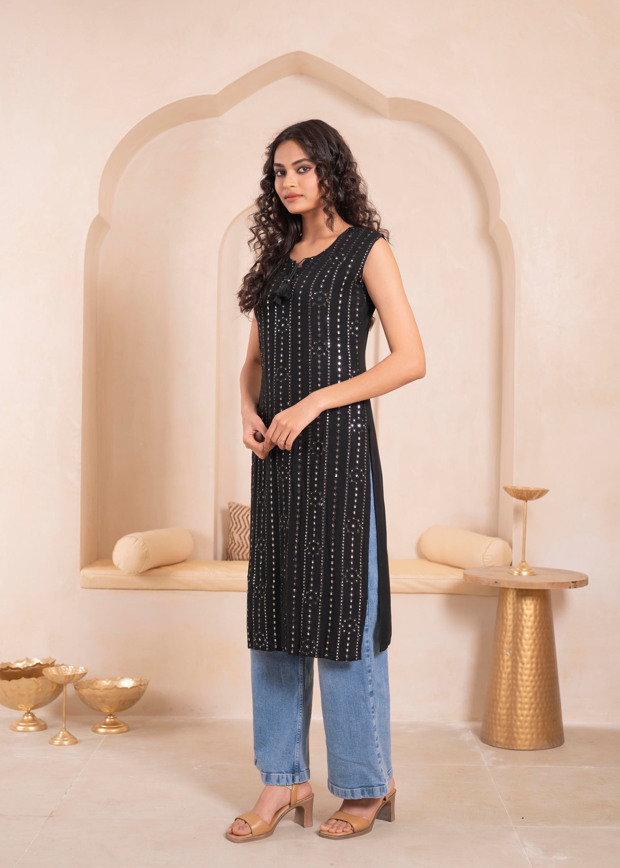 Juniper Black Geometric Embroidered Viscose Kurta with Mirror & Thread Work | Grocsy