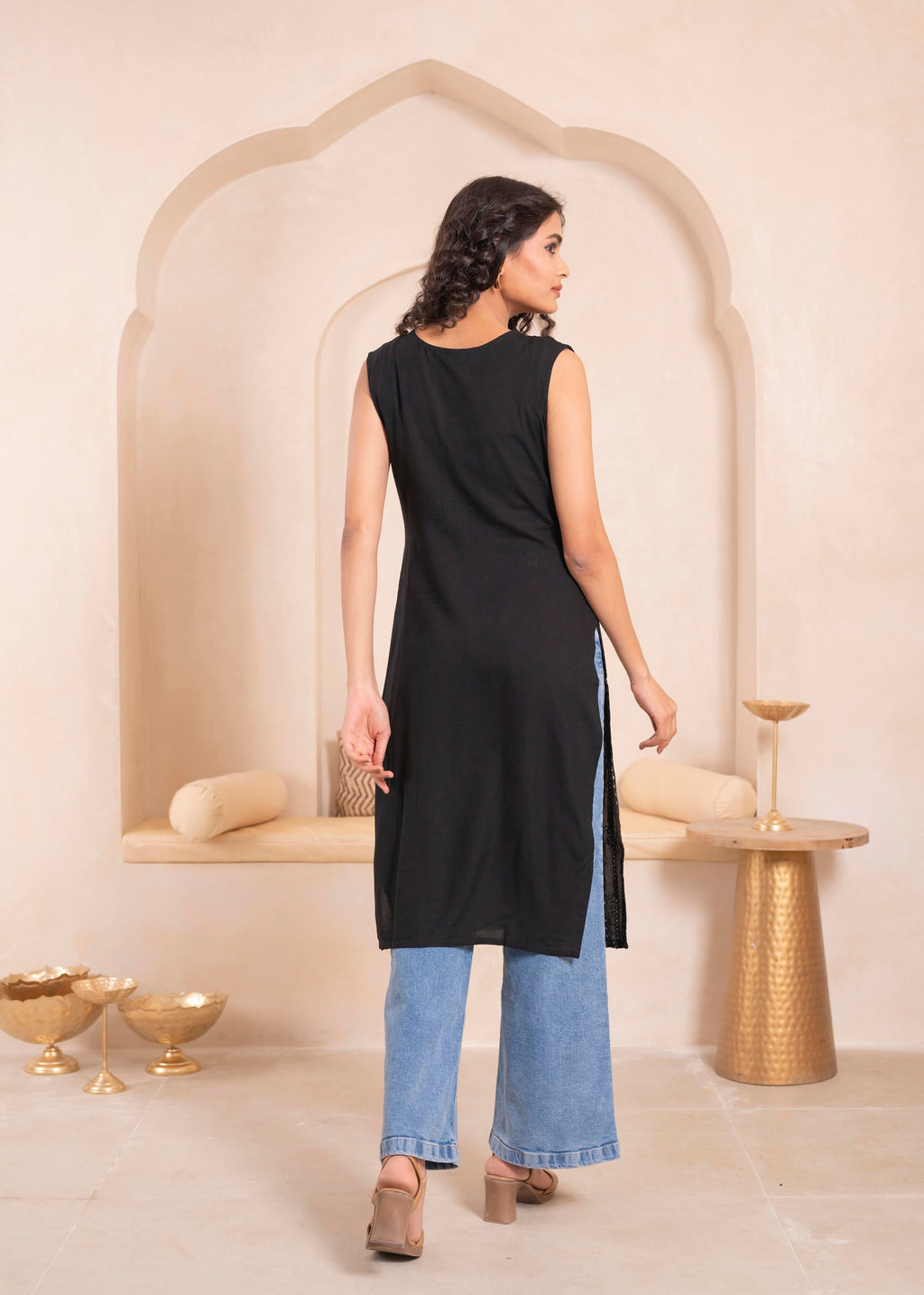 Juniper Black Geometric Embroidered Viscose Kurta with Mirror & Thread Work | Grocsy