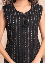 Juniper Black Geometric Embroidered Viscose Kurta with Mirror & Thread Work | Grocsy