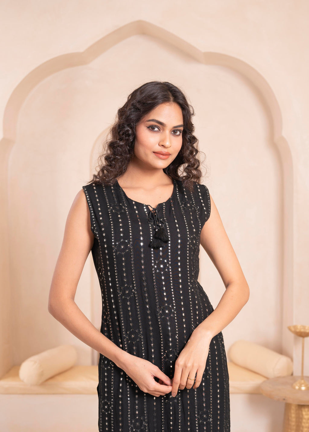 Juniper Black Geometric Embroidered Viscose Kurta with Mirror & Thread Work | Grocsy