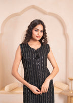 Juniper Black Geometric Embroidered Viscose Kurta with Mirror & Thread Work | Grocsy