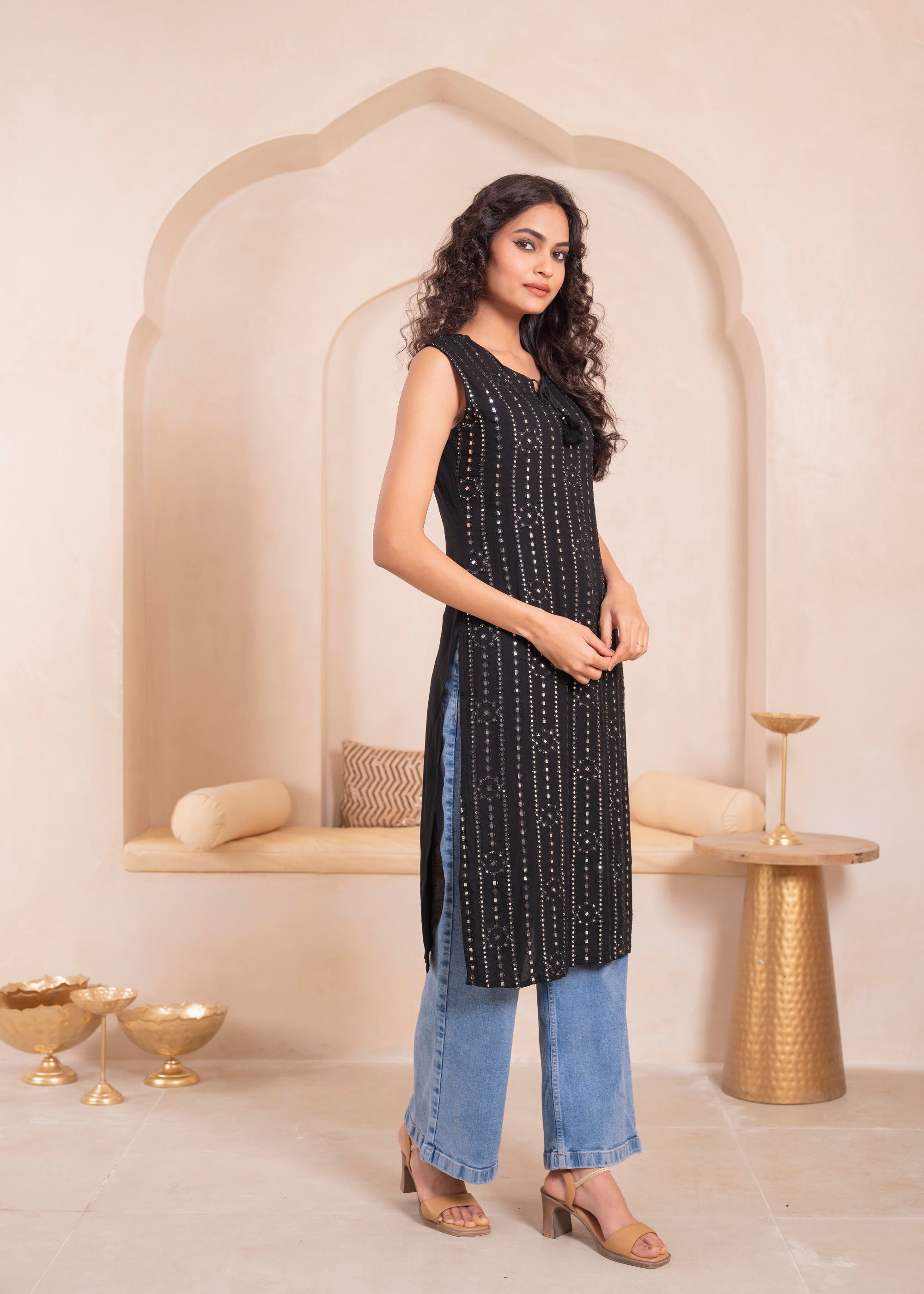 Juniper Black Geometric Embroidered Viscose Kurta with Mirror & Thread Work | Grocsy