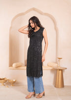 Juniper Black Geometric Embroidered Viscose Kurta with Mirror & Thread Work | Grocsy