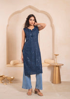 Juniper Navy Geometric Embroidered Viscose Kurta with Mirror Work and Tassels | Grocsy
