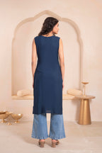 Juniper Navy Geometric Embroidered Viscose Kurta with Mirror Work and Tassels | Grocsy