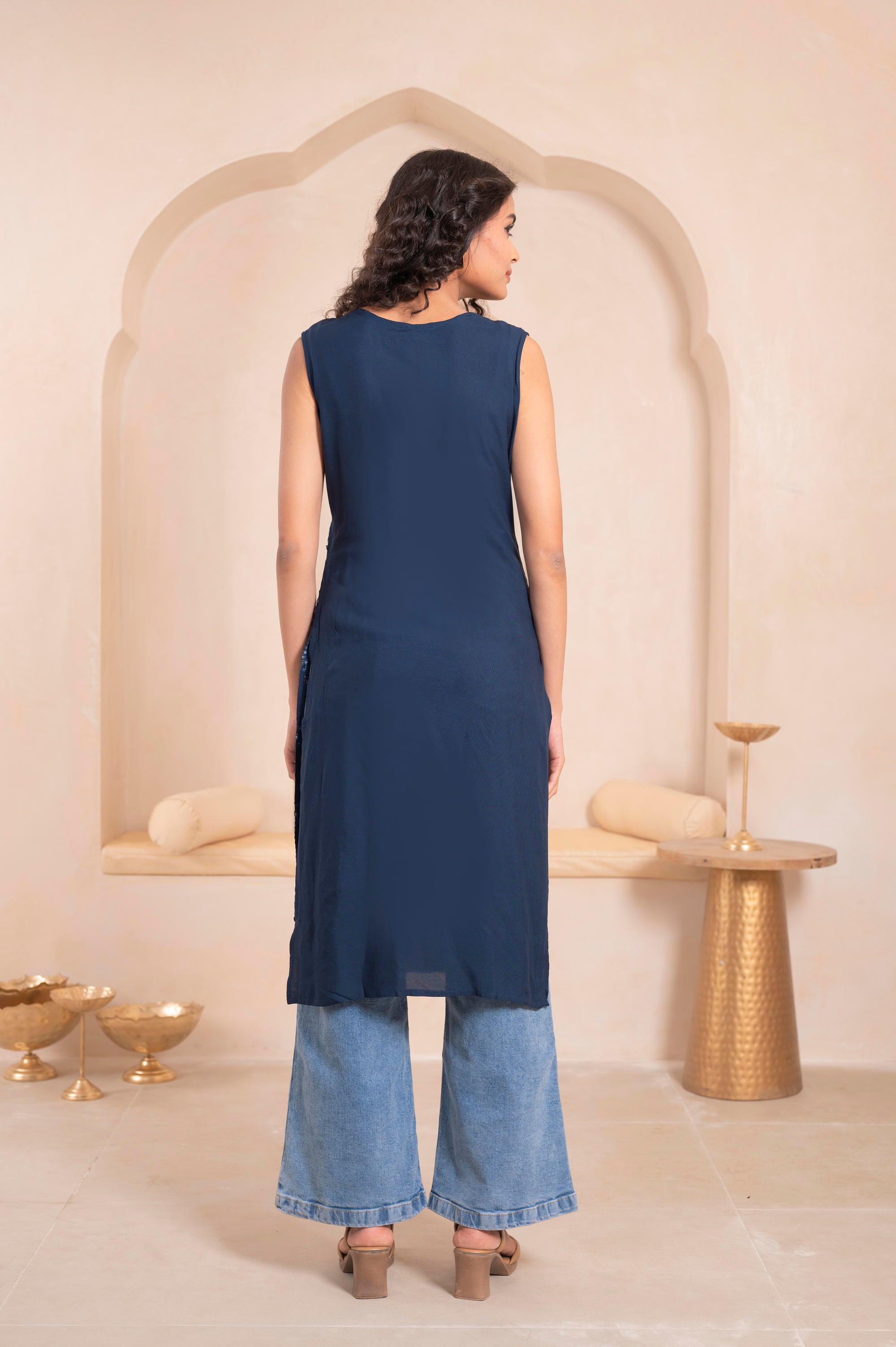 Juniper Navy Geometric Embroidered Viscose Kurta with Mirror Work and Tassels | Grocsy