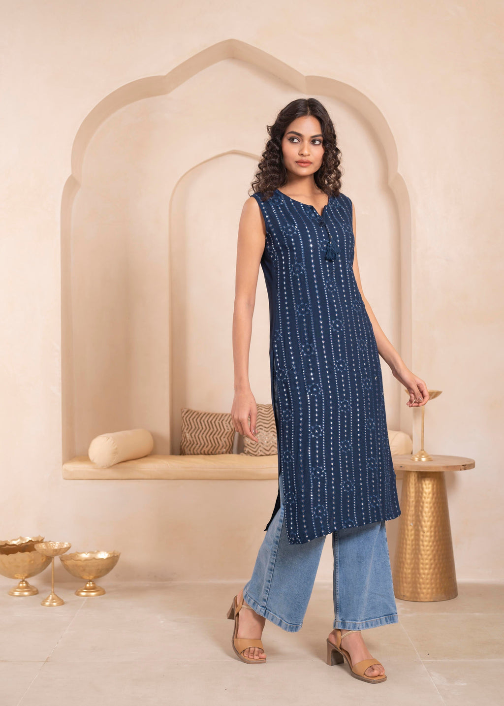 Juniper Navy Geometric Embroidered Viscose Kurta with Mirror Work and Tassels | Grocsy
