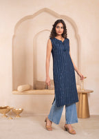 Juniper Navy Geometric Embroidered Viscose Kurta With Mirror Work And Tassels | Grocsy
