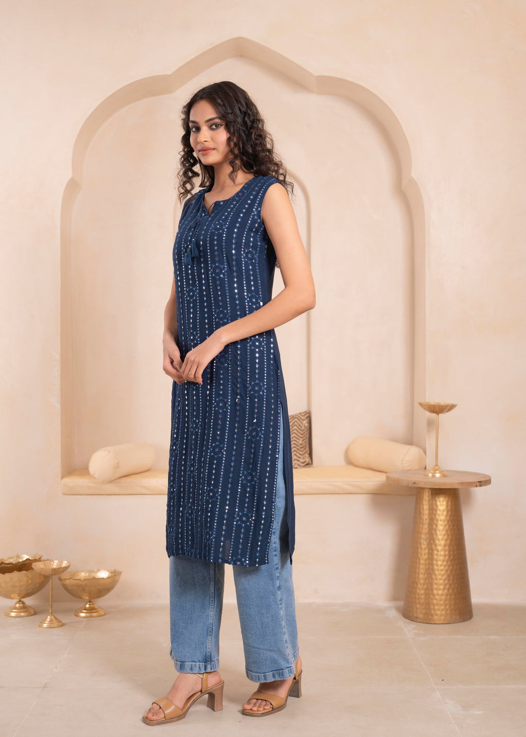 Juniper Navy Geometric Embroidered Viscose Kurta with Mirror Work and Tassels | Grocsy