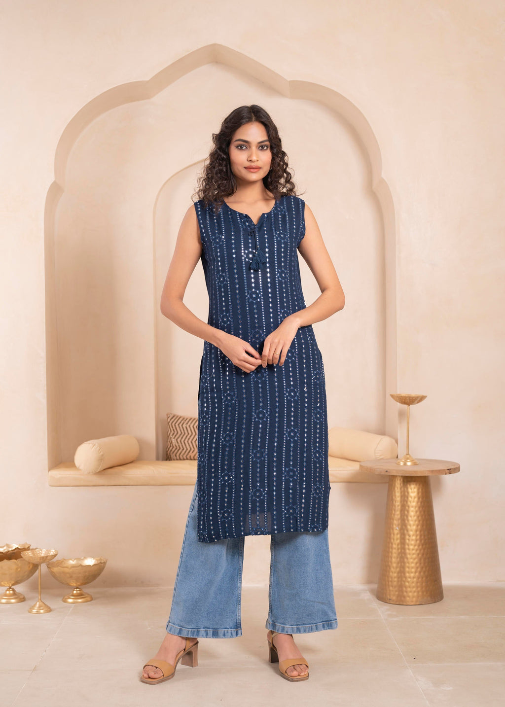 Juniper Navy Geometric Embroidered Viscose Kurta with Mirror Work and Tassels | Grocsy