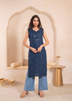 Juniper Navy Geometric Embroidered Viscose Kurta with Mirror Work and Tassels | Grocsy
