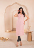 Juniper Pink Geometric Embroidered Viscose Kurta with Mirror Work and Tassels | Grocsy