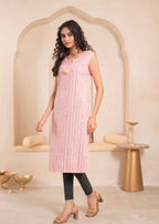 Juniper Pink Geometric Embroidered Viscose Kurta with Mirror Work and Tassels | Grocsy