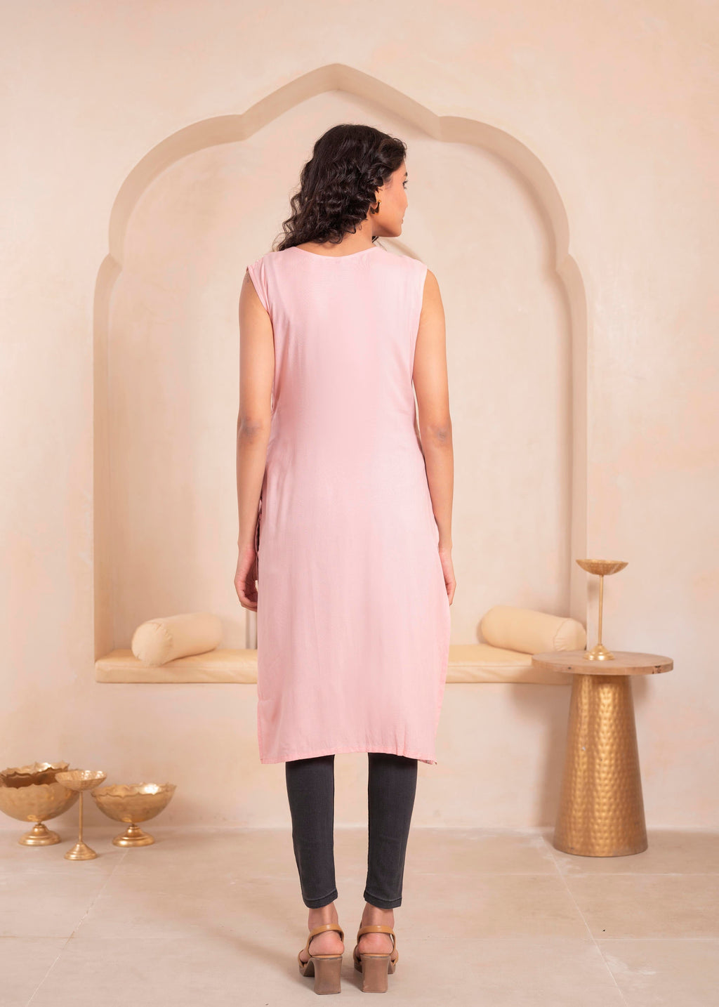 Juniper Pink Geometric Embroidered Viscose Kurta with Mirror Work and Tassels | Grocsy