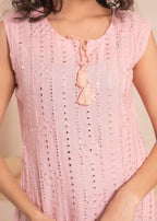 Juniper Pink Geometric Embroidered Viscose Kurta with Mirror Work and Tassels | Grocsy