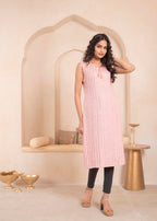 Juniper Pink Geometric Embroidered Viscose Kurta with Mirror Work and Tassels | Grocsy