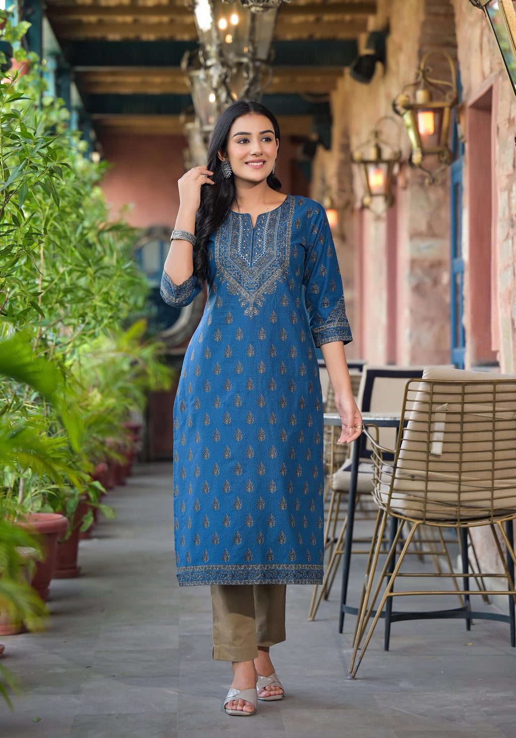 Juniper Women's Blue Ethnic Motif Printed Cotton Kurta | Grocsy