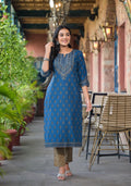 Juniper Women's Blue Ethnic Motif Printed Cotton Kurta | Grocsy