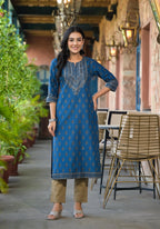 Juniper Women's Blue Ethnic Motif Printed Cotton Kurta | Grocsy