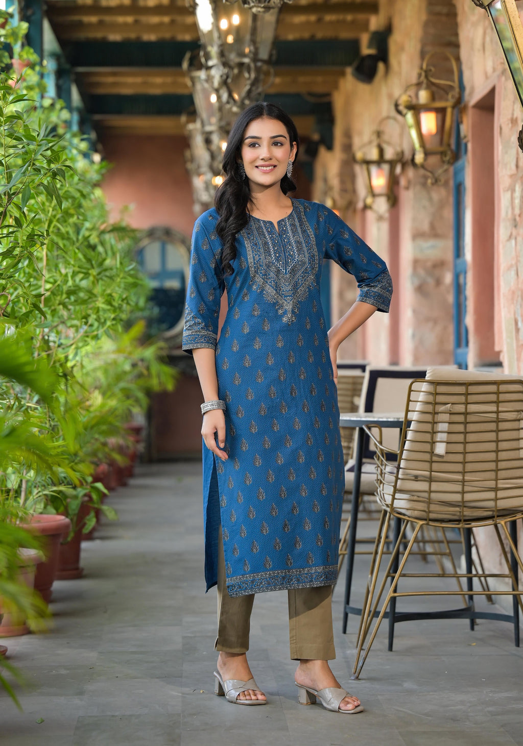 Juniper Women's Blue Ethnic Motif Printed Cotton Kurta | Grocsy