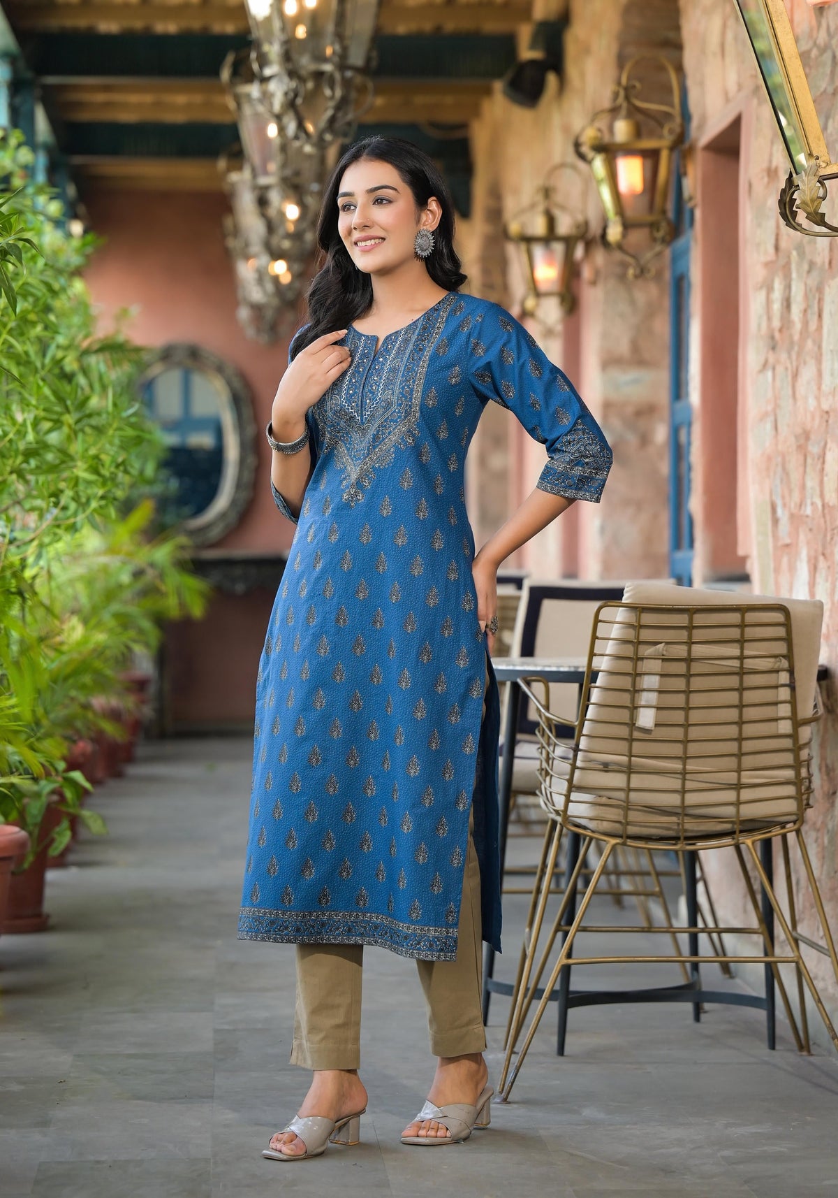 Juniper Women's Blue Ethnic Motif Printed Cotton Kurta | Grocsy