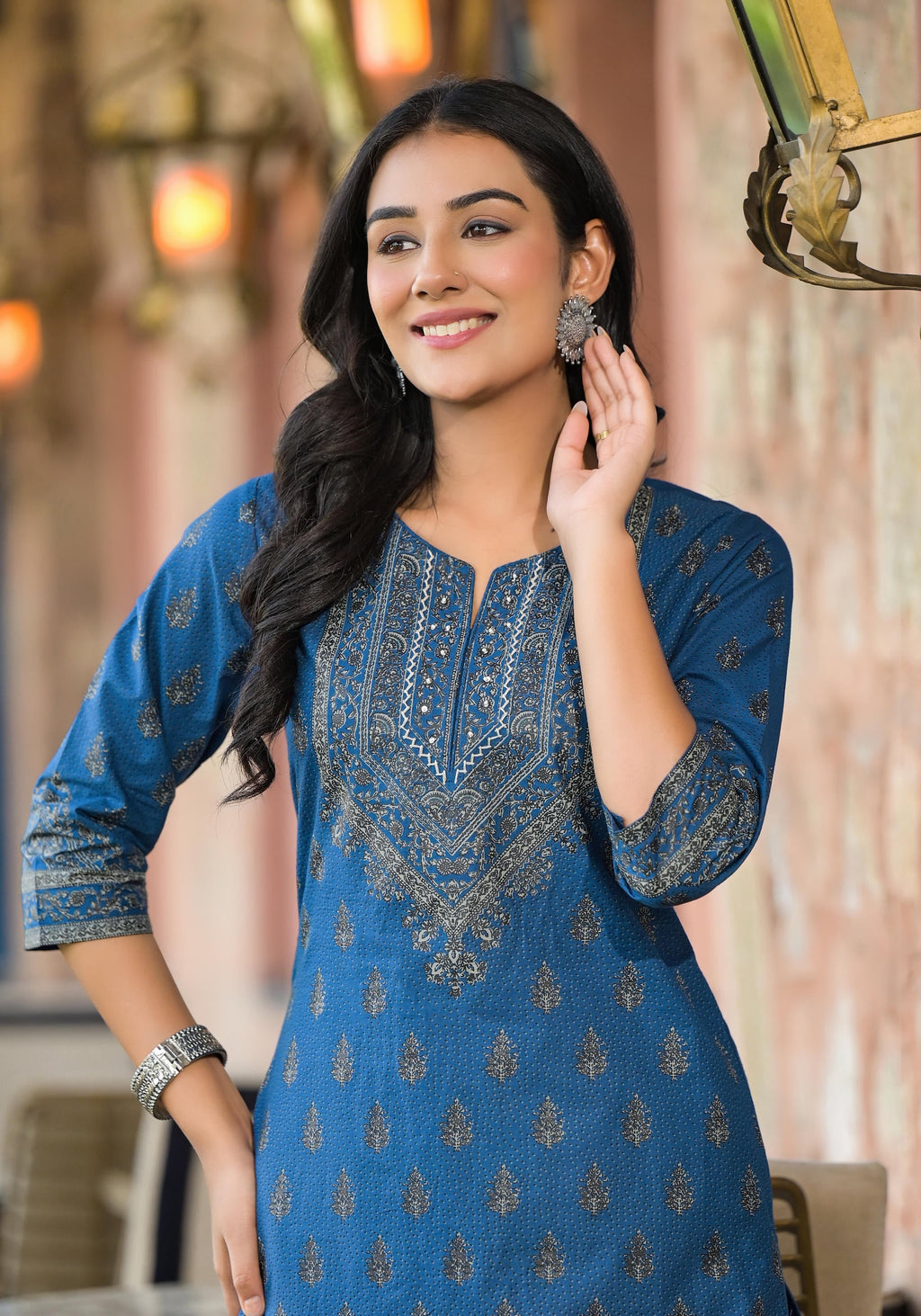 Juniper Women's Blue Ethnic Motif Printed Cotton Kurta | Grocsy